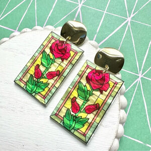 2/$30🌵 Faux Stained Glass Rose Earrings Flower Vintage Style Acrylic Gift NEW